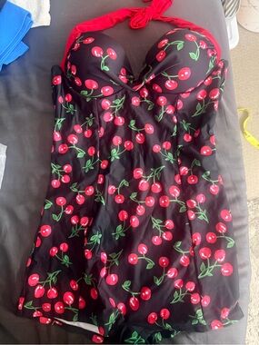 Rosegal Black Halter Swimdress with Red Cherry Print